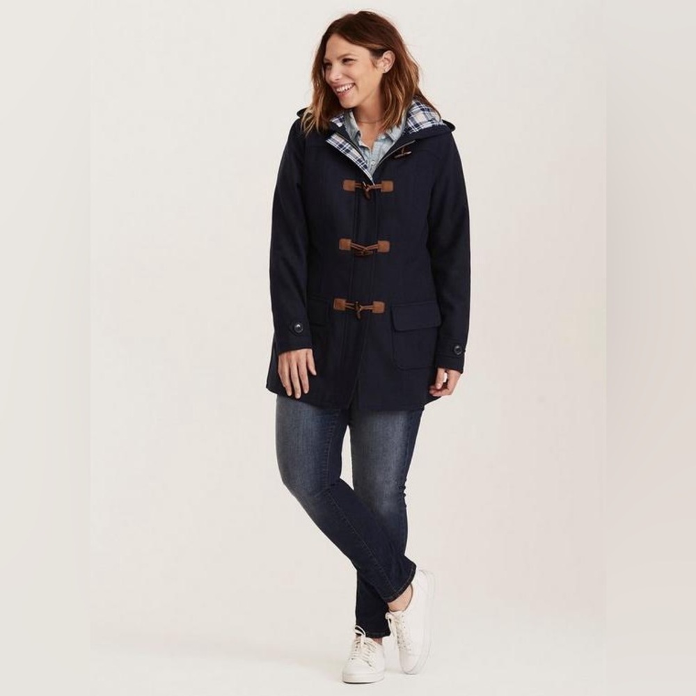 Torrid Navy Toggle Coat with Plaid Lining